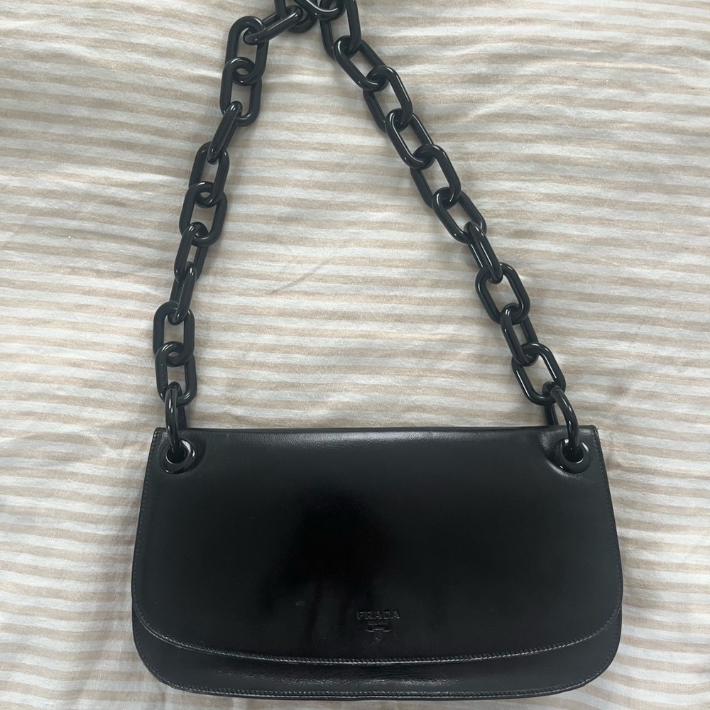 Prada Madras Black Leather Shoulder Bag